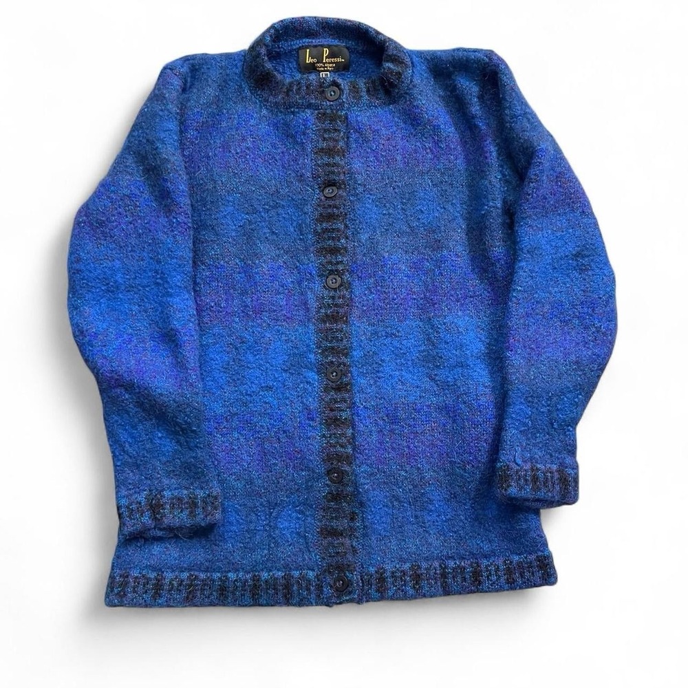 Leo Peressi Alpaca Blue Multicolored Cardigan Sweater Vintage Retro Cozy Grunge